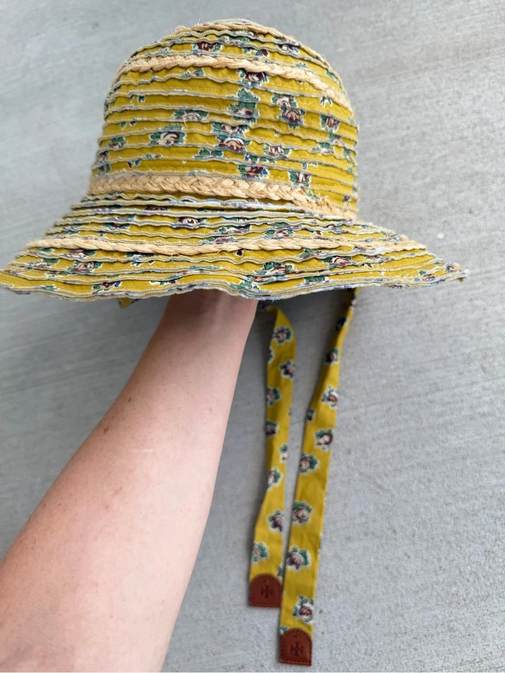 Rare Tory Burch Early 2010s Floral Raffia Wide Brim Sun Hat Tie Strap OS